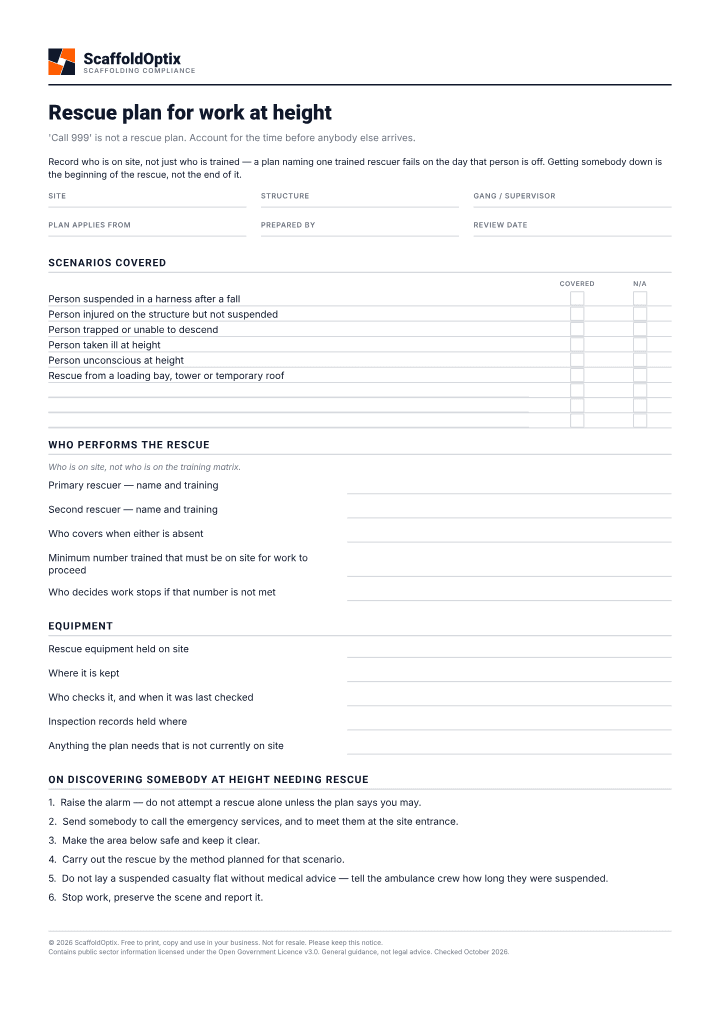 First page of the Rescue plan for work at height PDF