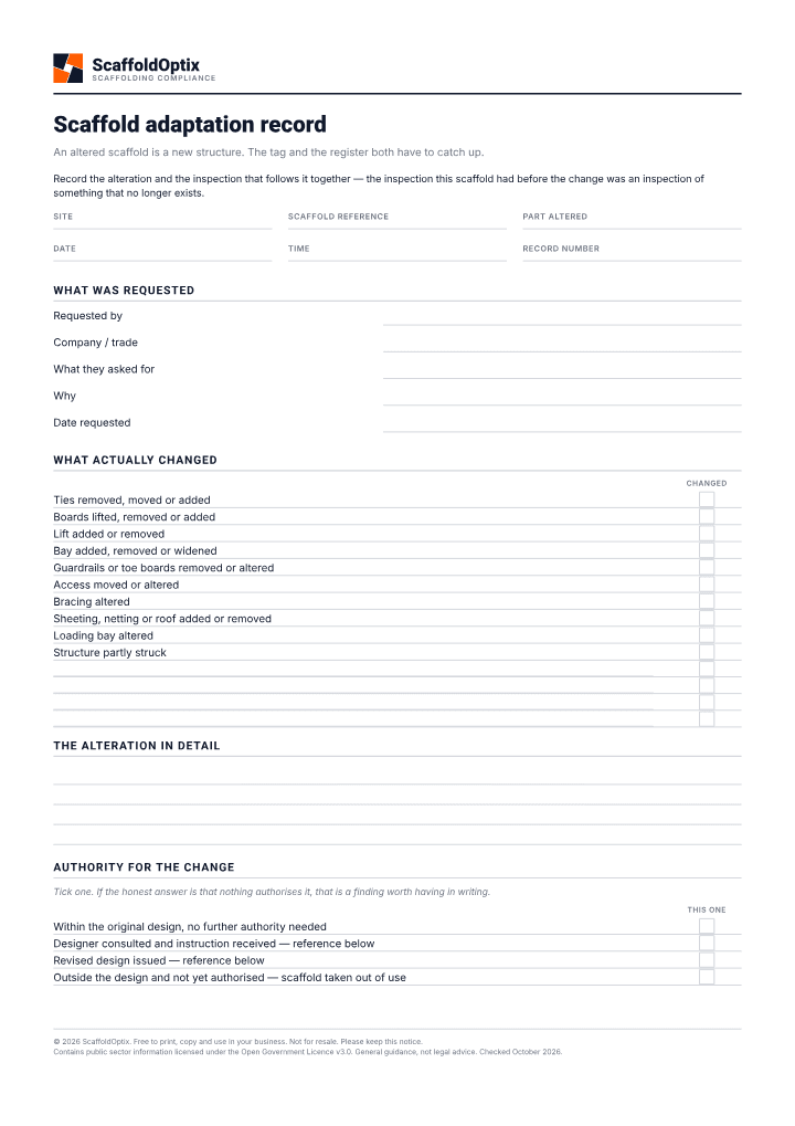 First page of the Scaffold adaptation record PDF