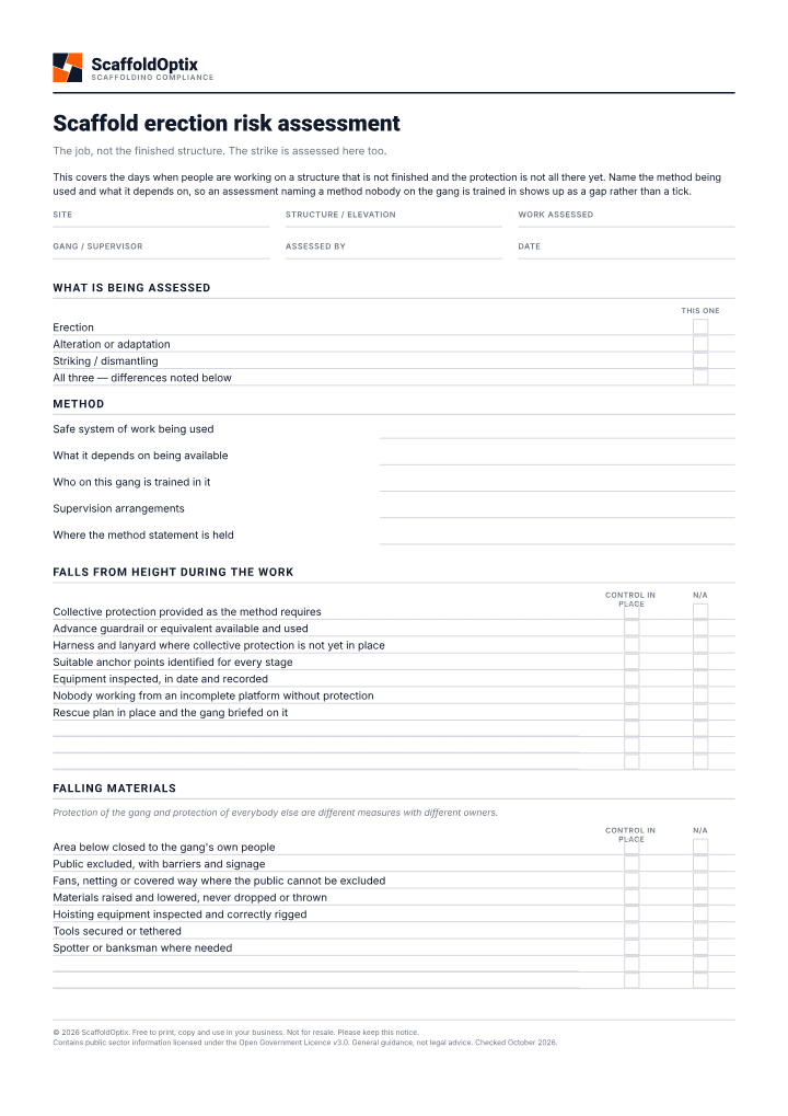 First page of the Scaffold erection risk assessment PDF