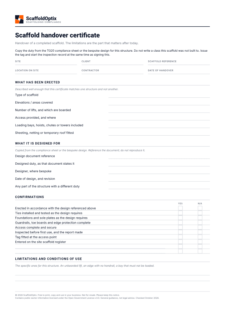 First page of the Scaffold handover certificate PDF