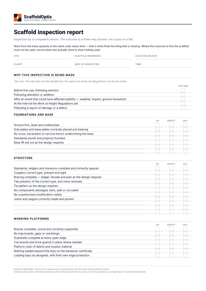 First page of the Scaffold inspection report PDF