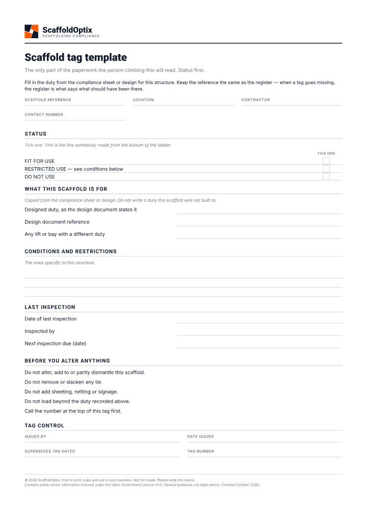 First page of the Scaffold tag template PDF